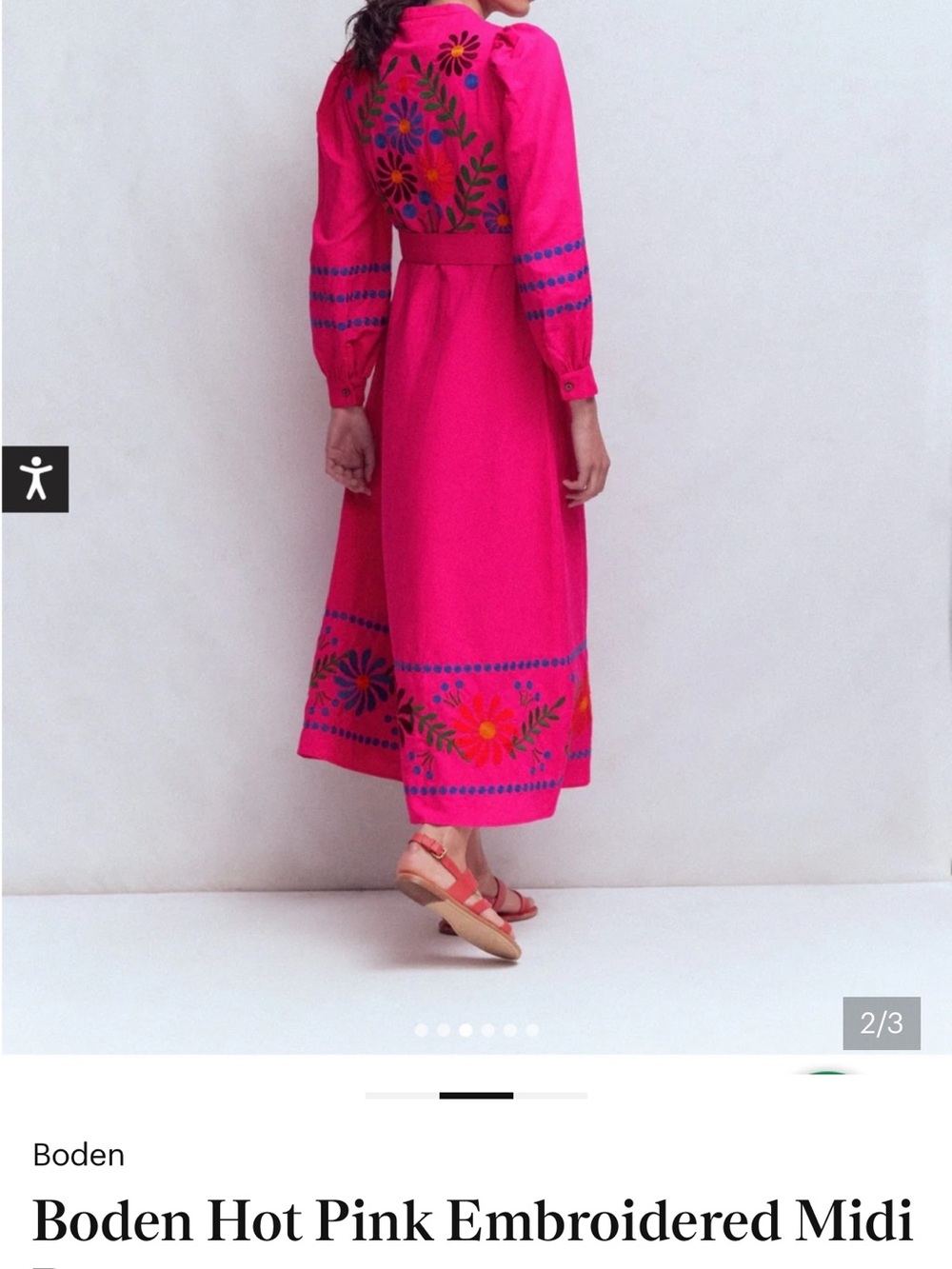 Boden Bright Pink Embroidered Tie-Waist Midi Dress - Picture 2 of 3